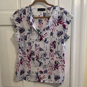 Women's V Neck Floral Blouse - White, Blue, and Pink